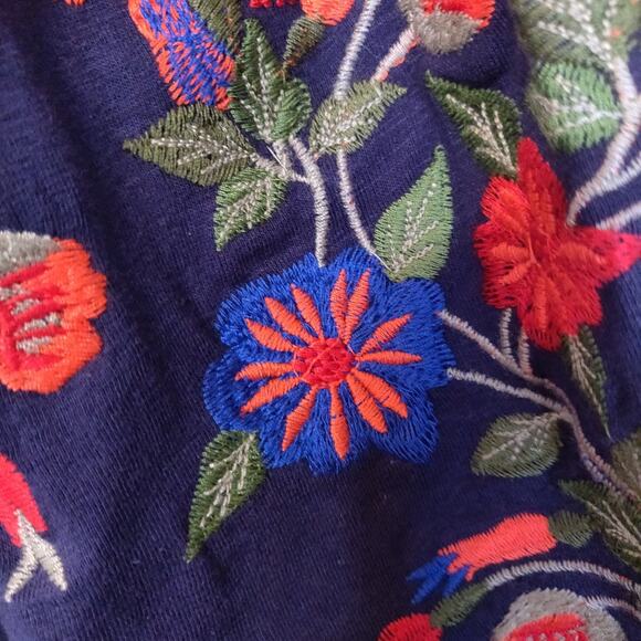 Solitaire Navy Blue Top L Heavily Embroidered Birds Floral Tassels Boho Peasant - Picture 4 of 16